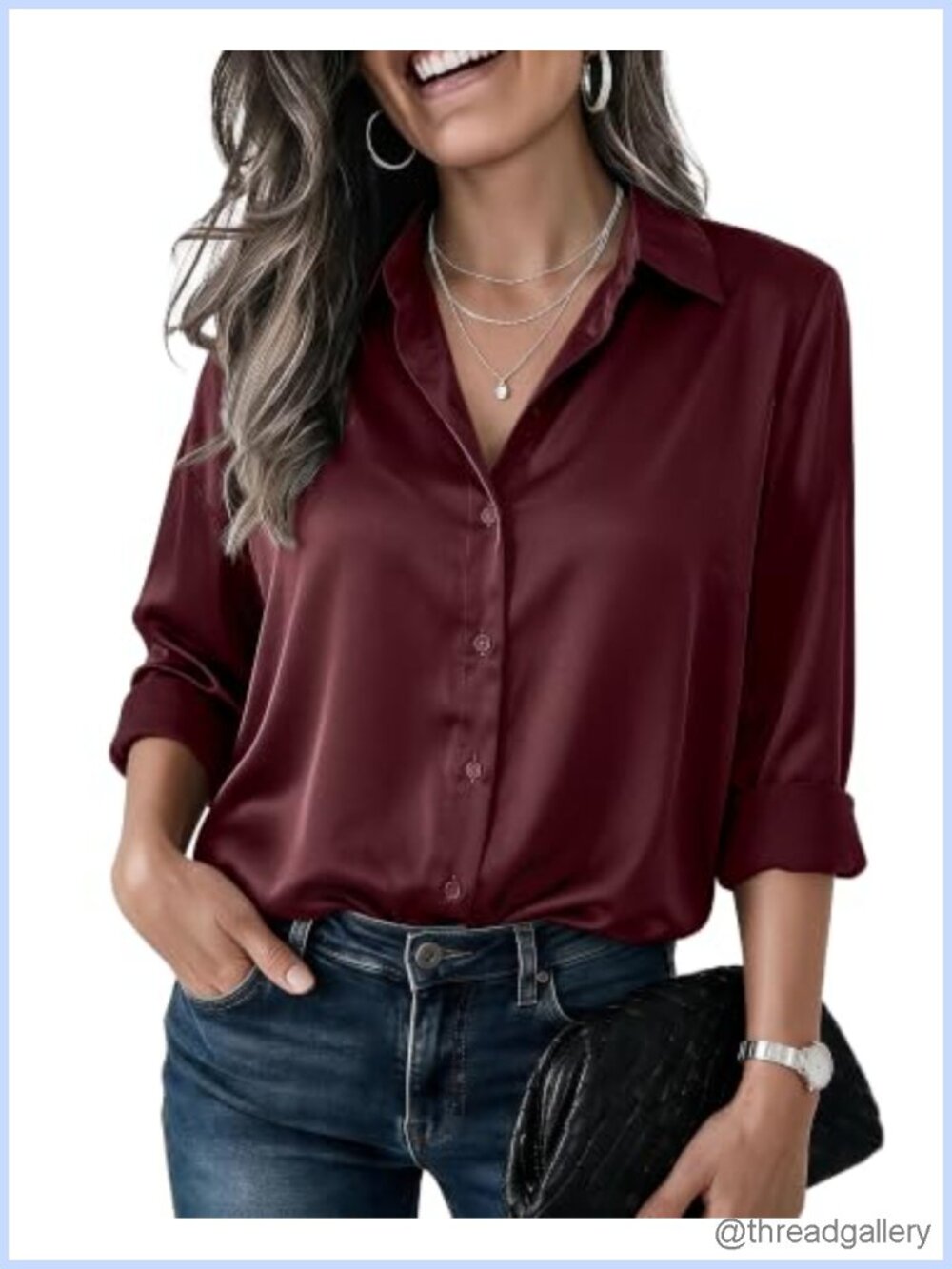 Satin Blouse Long Sleeve Button Down Shirt Business Casual Office Top